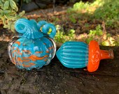 Turquoise and Orange Pumpkin Acorn Combo, Solid Glass Paperweights, 3" Decorative Fall Autumn Art Squash & Pod Sculptures, Avalon Glassworks