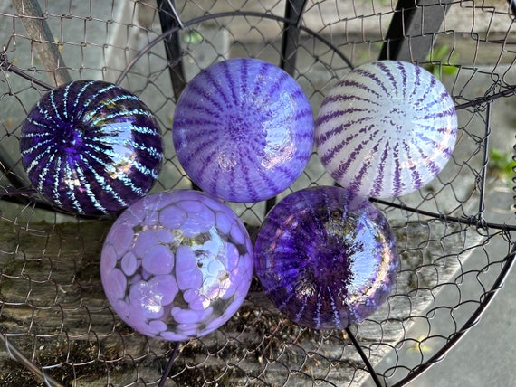 Purple Glass Floats, Set of 5 Hand Blown Garden Art Balls, Lavender White  Outdoor Decor Pond Orbs Interior Design Spheres, Avalon Glassworks 