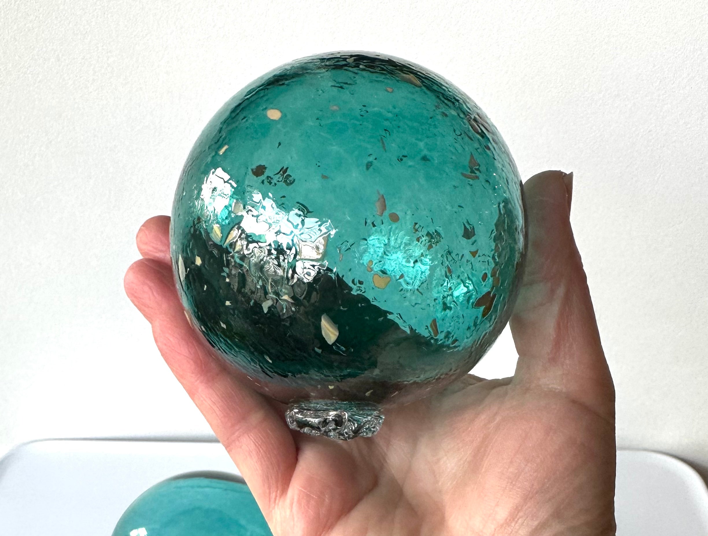 Japanese Fishing Float Style Glass Balls, Set of 3 Hand Blown Aqua