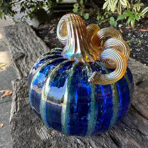 Blue & Gold Glass Pumpkin, 4&quot; Hand Blown Decorative Gourd Curly Coil Stem, Autumn Fall Thanksgiving Halloween Centerpiece, Avalon Glassworks
