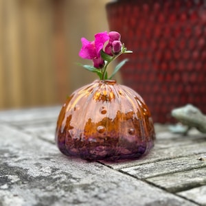May include: A small, round, glass vase with a glossy, amber-colored finish and a purple base. The vase holds a sprig of pink flowers. A red textured pot and a small lizard figurine are in the background.