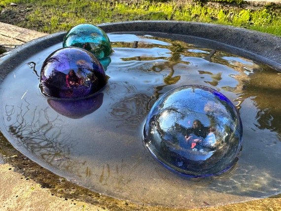 Sea Glass Balls, Blue Purple Green, Set of 3 Hand Blown Pond