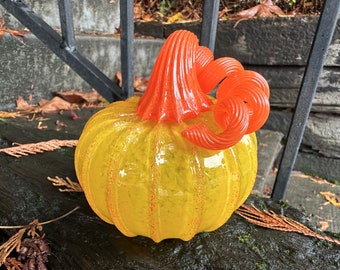 Yellow Orange Blown Glass Pumpkin, 4" Squash Sculpture, Bright Orange Curly Stem Fall Autumn Halloween Art Table Decor, Avalon Glassworks