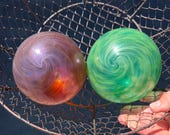 Pink and Green "Pearlescent" Blown Glass Floats: Set of 2 Garden Balls, 4.25" Orbs - Avalon Glassworks