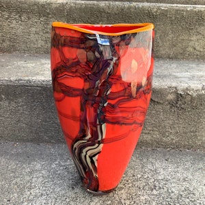 Red Oak Vase 12 Hand Blown Glass Art Vase Coral Red image 1