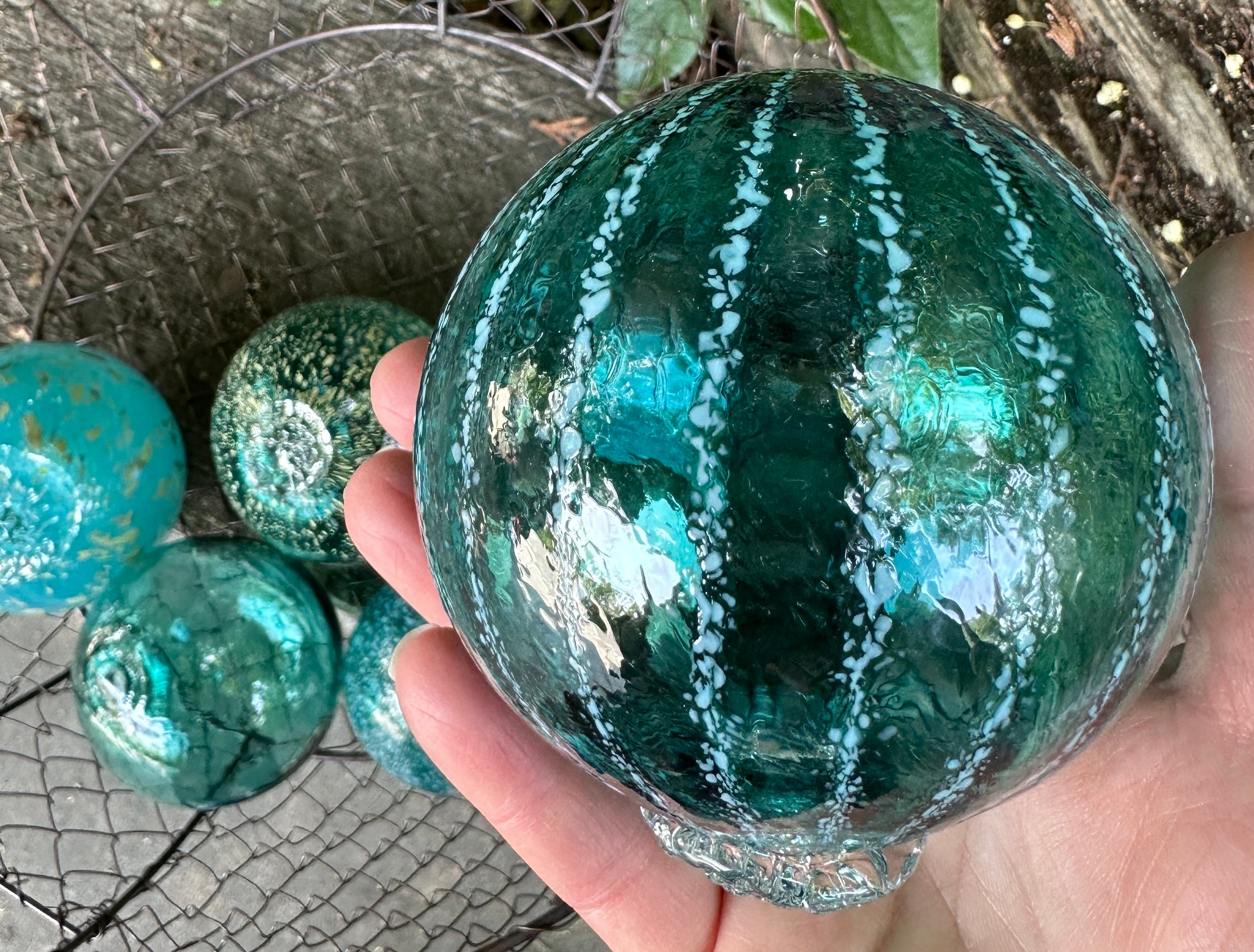 Turquoise Aqua Blue Hand Blown Glass Balls, Set of 6 Nautical Pond