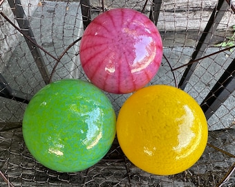 Yellow Pink Green Glass Garden Balls, Three 4.5" Hand Blown Floats, Interior Design Spheres, Outdoor Decorative Pond Orbs, Avalon Glassworks