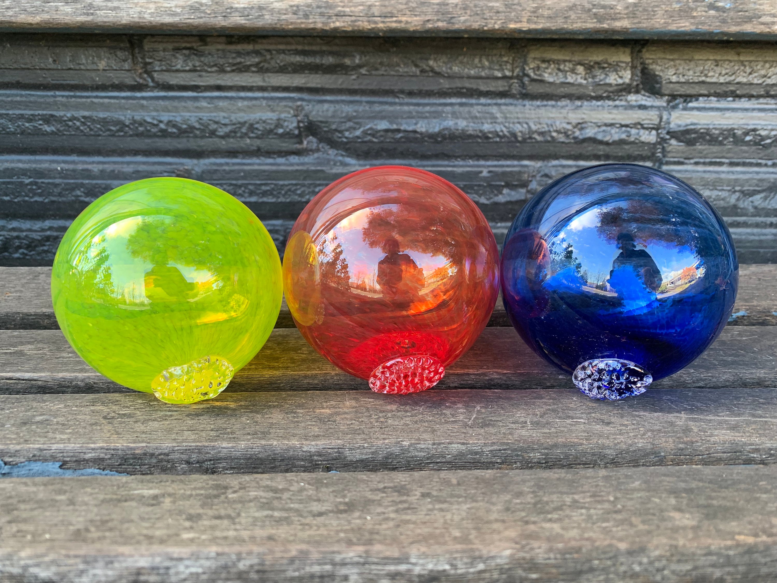 Red Yellow Blue Glass Floats, Set of 3 Hand Blown Garden Balls, 3.5  Nautical Outdoor Art Pond Spheres, Primary Colors, Avalon Glassworks 
