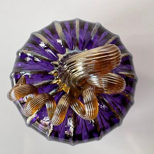 Purple & Gold Hand Blown Glass Pumpkin, 4.5 Decorative Squash Sculpture, Metallic Ribs Coil Stem, Halloween Autumn Fall, Avalon Glassworks image 6