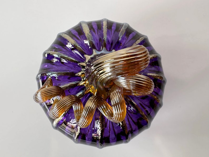 Purple & Gold Hand Blown Glass Pumpkin, 4.5 Decorative Squash Sculpture, Metallic Ribs Coil Stem, Halloween Autumn Fall, Avalon Glassworks image 6