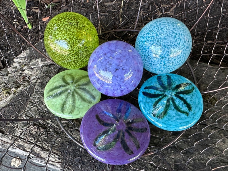 Glass Sand Dollars & Floats, Set of 6 Turquoise Purple Green Beach Sculptures Paperweights, Coastal Art Sea Shell Decor, Avalon Glassworks image 3