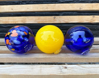 Blue & Yellow Floats, Set of 3 Hand Blown Glass Gaze Balls, 4.25" Outdoor Garden Decor Pond Orbs, Interior Design Spheres, Avalon Glassworks