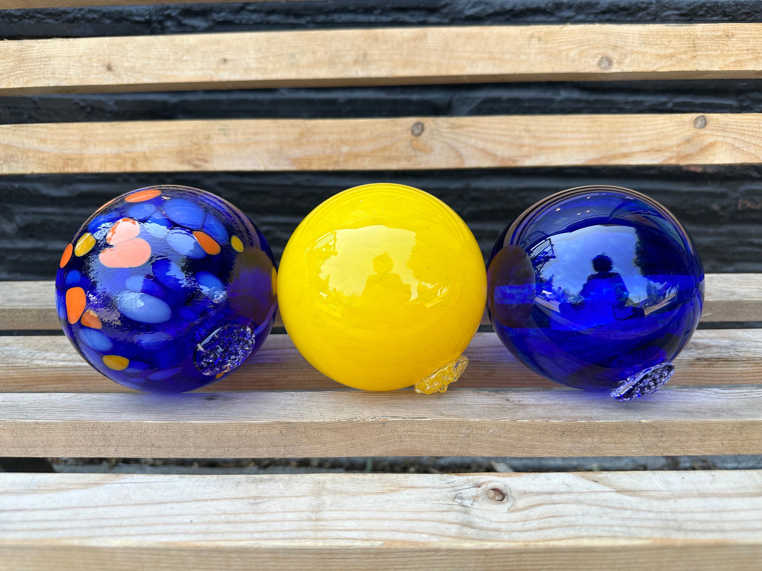 Blue & Yellow Floats, Set of 3 Hand Blown Glass Gaze Balls, 4.25