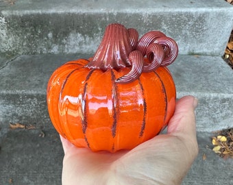 Orange & Red Glass Pumpkin, 4" Hand Blown Squash Sculpture Terra Cotta Brick Red Coil Stem, Autumn Thanksgiving Halloween, Avalon Glassworks