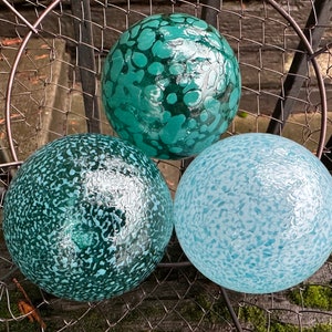 Turquoise Aqua White Hand Blown Glass Balls, Set of 3 Nautical Pond Floats, Garden Art Orbs, Basket Filler Design Spheres, Avalon Glassworks