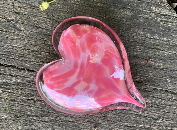 collectible glass heart Pink glass heart light pink paperweight pastel pink pocket heart