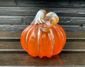 Orange Glass Pumpkin, 4.5" Transparent Decorative Gourd, Gold Ribs and Coil Stem, Hand Blown Autumn Art Table Centerpiece, Avalon Glassworks