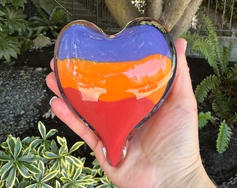 Purple Orange Red Glass Heart, Large Heavy Solid 4.75" Tricolor Band Design, Heart-Shaped Paperweight, Art Sculpture Gift, Avalon Glassworks