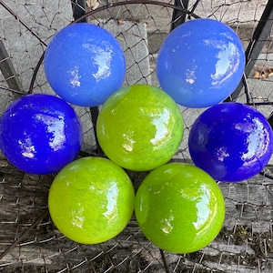 Seahawks Green Blue Decorative Balls, 7 Stacking Glass 2.75&quot; Spheres, Table Centerpiece, Outdoor Garden Orbs, Pond Floats, Avalon Glassworks