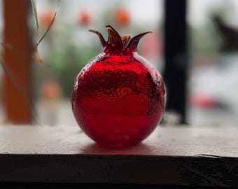 Blown Glass Pomegranate Sculpture: 3.5" Red Autumn Bud Vase or Rosh Hashanah Table Decoration - Avalon Glassworks