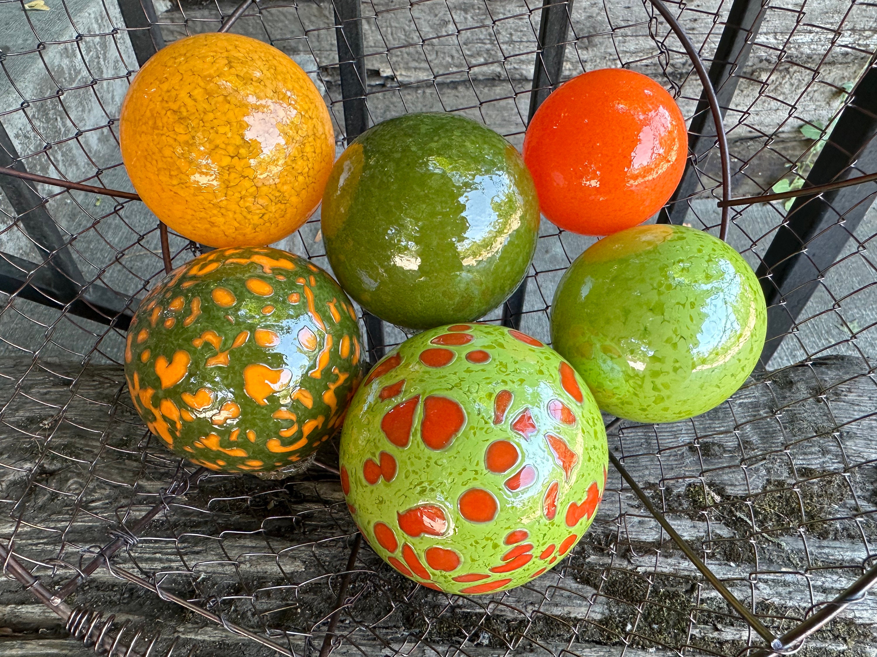 Blown Glass 1970S Decor Balls Set Of 6 Olive Green & Orange Floats, 2.5"-3.75" Orbs - Avalon Glassworks