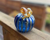 Blown Glass Blue & Gold Pumpkin: Autumn Thanksgiving Decor, 3.75" Sculpture - Avalon Glassworks