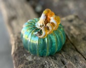 Aqua Green Luster Blown Glass Pumpkin: Gold Ribs & Coil Stem, 3.75" Decoration - Avalon Glassworks