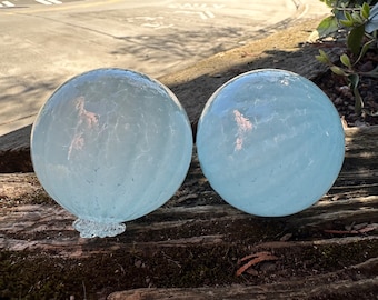 Light Blue Floats, Set of 2 Blown Glass Garden Balls, Decorative 3" Coastal Interior Design Spheres, Outdoor Pond Art, Avalon Glassworks