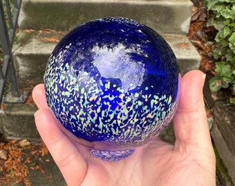 Cobalt Blue Garden Ball, Beige Spots, Nautical Hand Blown Glass Float, Interior Design Sphere Outdoor Pond Decor Orb Bulb, Avalon Glassworks