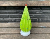 Holiday Tree Sculpture, Blown Glass Christmas Decoration, Mantel or Tabletop Art, Light Green, White, Multi-Colored Dots, Avalon Glassworks