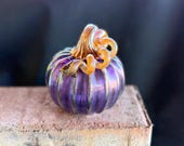 Purple Luster Glass Pumpkin: Gold Ribs & Stem, 3.75" Decoration - Avalon Glassworks