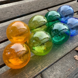 Colorful Beach Glass Floats, Set of 8 Hand Blown Balls 2.5&quot; Blue Green Orange Interior Design Spheres Garden Pond Art Orb, Avalon Glassworks
