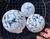 White Spots on Clear Glass Floats, Set of 3 Hand Blown Balls Outdoor Floating Garden Globe Art Spheres, Basket Fill Decor, Avalon Glassworks