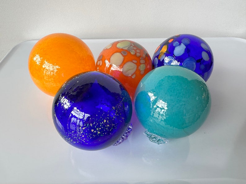 Blue Orange Turquoise Nautical Glass Floats, Set of 5 Hand Blown Spheres, Interior Design Balls, Garden Art Decor Orbs, Avalon Glassworks image 3