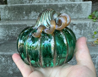 Green Blown Glass Pumpkin, Transparent Emerald 4" Squash Sculpture Gold Brown Stem Autumn Thanksgiving Halloween Decor, Avalon Glassworks