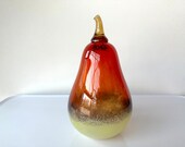 Blown Glass Pear, Red Yellow Brown Translucent 7.75" Fruit Sculpture, Table Decor Thanksgiving Holiday Art Centerpiece, Avalon Glassworks