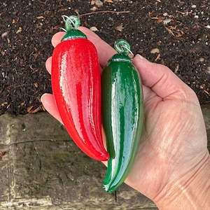 Blown Glass Chili Pepper Ornaments: Red & Green Sun Catchers, Set of 2 - Avalon Glassworks