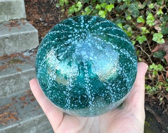 Blown Glass Float, Aqua Blue Green Transparent Turquoise, Dot Stripe, 4" Decorative Sphere, Outdoor Garden Orb Art Ball, Avalon Glassworks