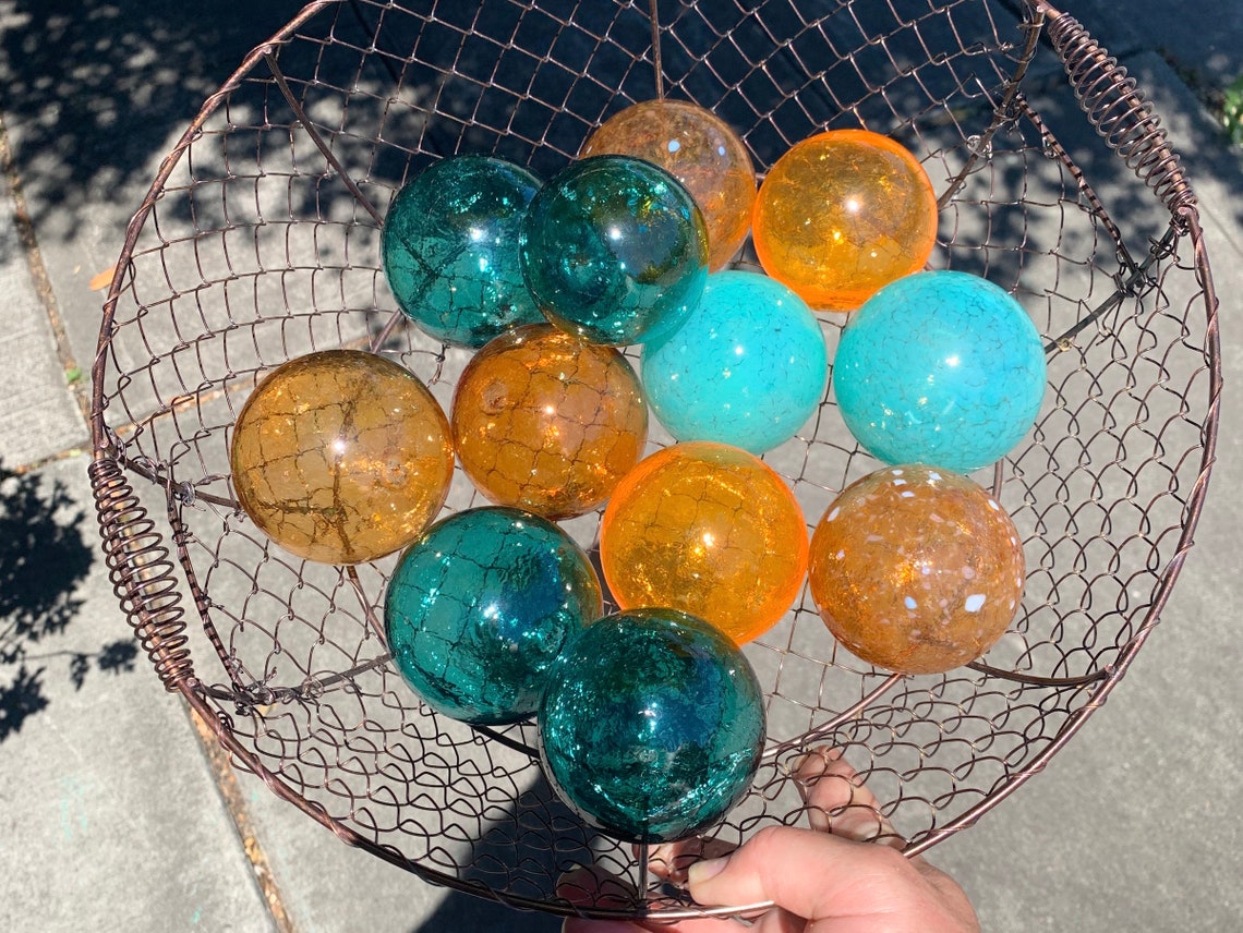 Teal and Orange Hand Blown Glass Balls Set of 12 Small Garden Etsy
