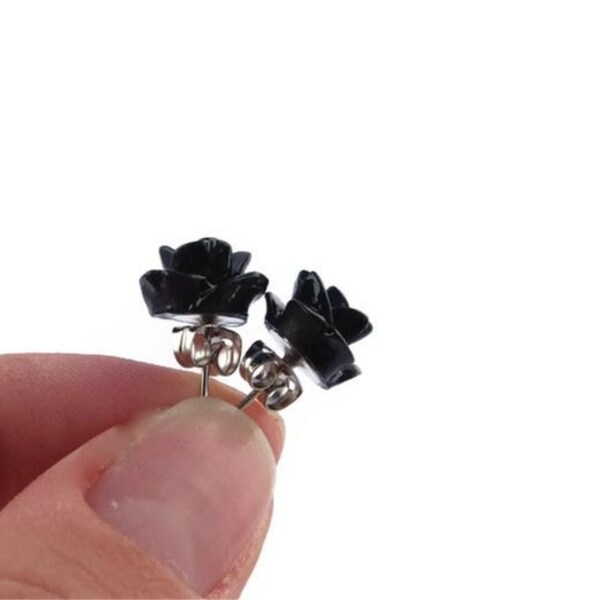 Mother's Day Sale, Black Post Earrings-Black Resin Flower Post Stud Earrings