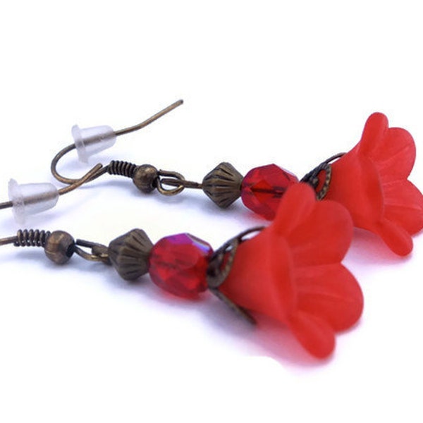 Red Flower Earrings, Red Petunia Lucite Flower Earrings with Antique Bronze Findings