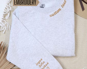Embroidered Sweatshirt, Custom Text Hoodie With Names On Neck and Sleeve, Personalized Name Sweatshirt, Matching Family Sweatshirt
