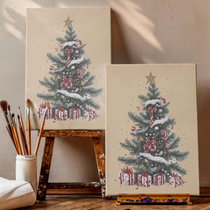 Christmas Tree Canvas, Christmas Wall Art, Vintage Christmas Painting, Xmas Wall Decor, Christmas Gift, Christmas Wall Decor,  Home Decor