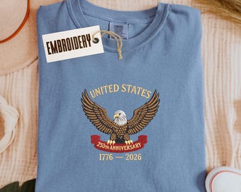 Skjorta med bekväma färger, broderad vintage-amerikansk födelsedagsskjorta, USA:s 250-årsjubileumsskjorta, Patriot Eagle-skjorta, 1776-2026-skjorta