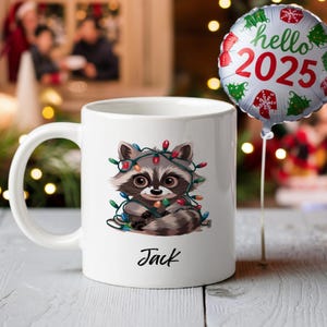 Cute Raccoon Mug, Christmas Mug, Holiday Season Mug, Customized Gifts, Seasonal Coffee Mug, Winter Mug, Gift for Friend, Custom Mug