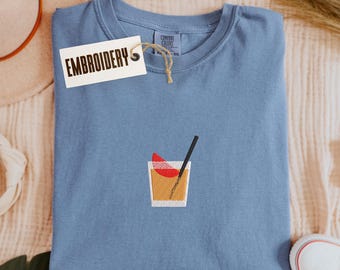 Comfort kleuren shirt, cocktail-T-shirt met borduursel, barman cadeau-T-shirt, vintage ouderwets T-shirt, cocktailliefhebberkleding