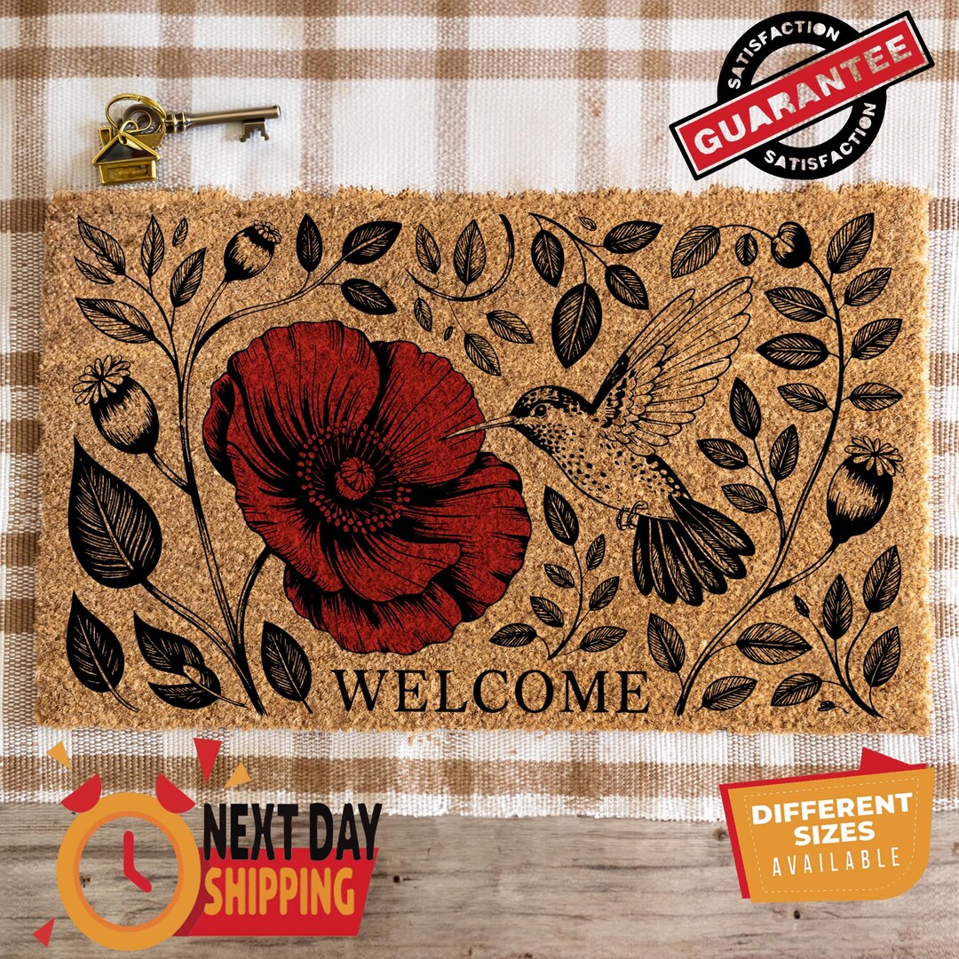 Hummingbird Welcome Mat Elegant Hummingbird Doormat, Floral Pattern Doormat, Poppy Flower Decor ...