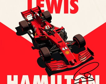 Könnte beinhalten: Ein rotes Formel-1-Rennwagen mit der Nummer 44 an der Seite. Das Auto wird von Lewis Hamilton gefahren. Das Bild hat einen roten und weißen Hintergrund mit den Worten "Lewis Hamilton" in weißem Text.