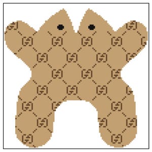 May include: A tan-colored, abstract figure with a repeating pattern of the letter "G" in a diamond grid. The figure has two black dots and a unique, asymmetrical shape, set against a white background.