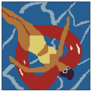 May include: A woman wearing sunglasses floats on her back in a red inflatable ring in a blue pool. The water is depicted as a pixelated pattern.